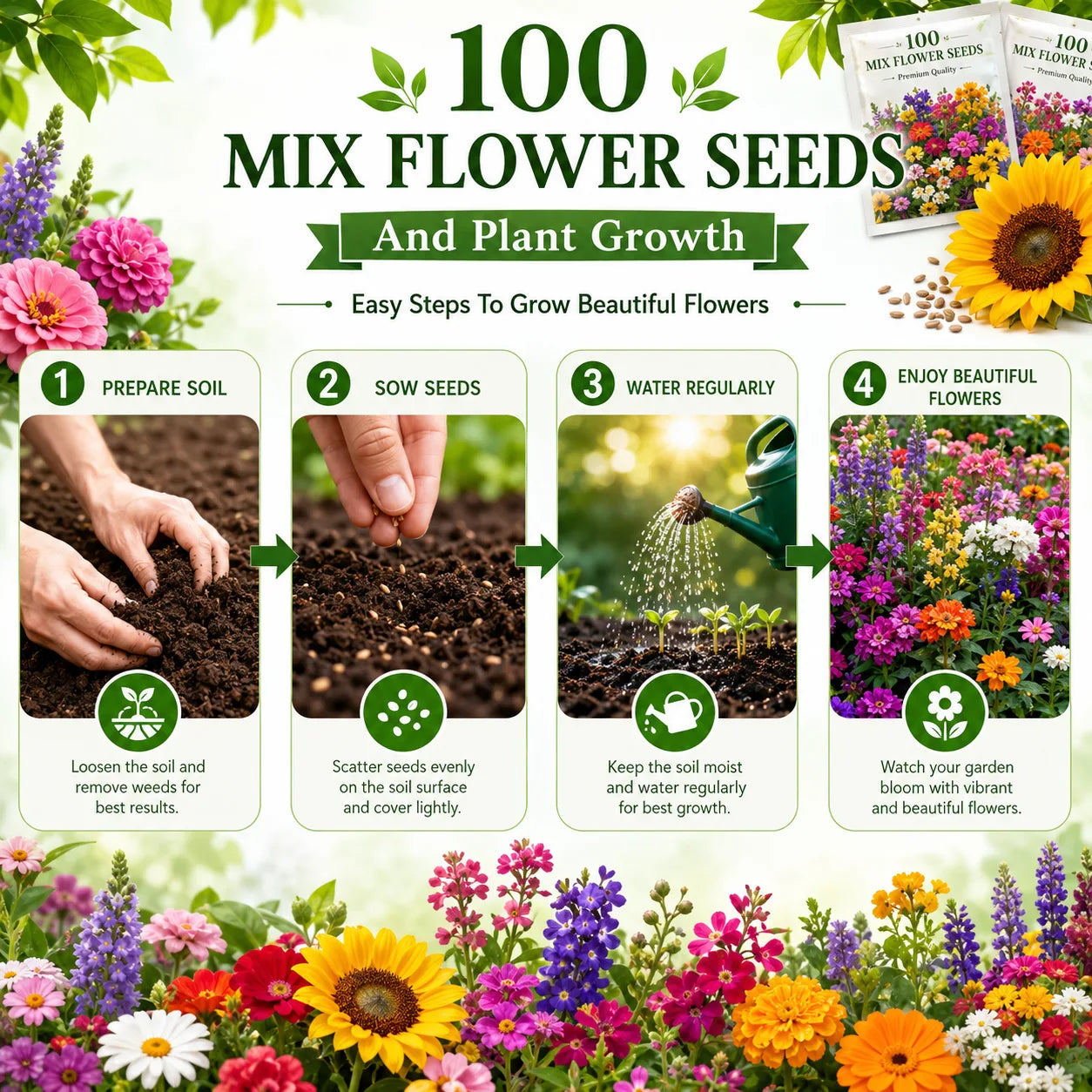 100 Mix Flower Seeds | FREE Plant Growth Supplement